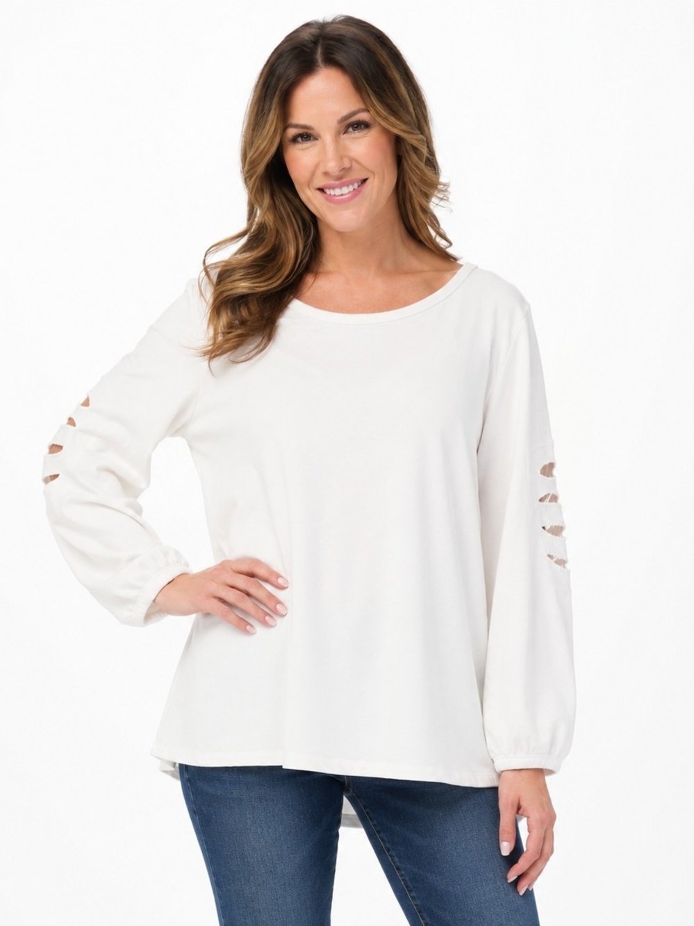 Soft Surroundings White Long-Sleeve Eyelit Embrodiered Sleeve Tunic Ladies M